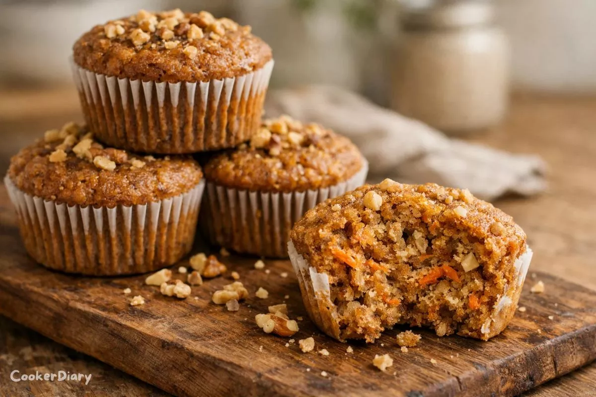 Side view of gluten-free carrot cake muffins showing soft texture