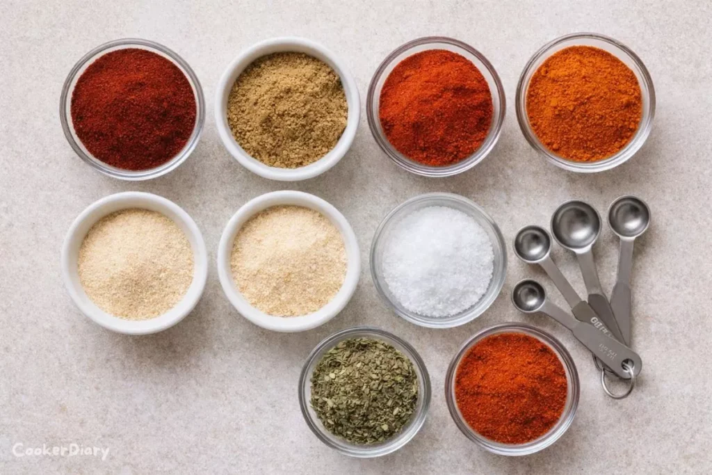 Raw spices arranged for homemade chicken taco seasoning