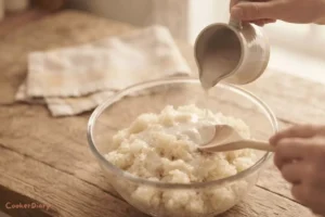 Pouring coconut sauce over freshly steamed sticky rice