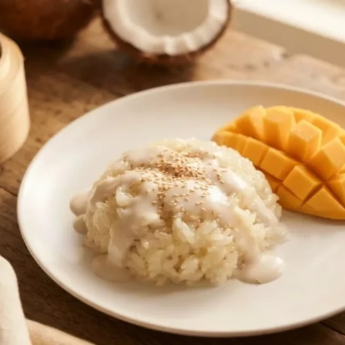 Top-down photo of creamy coconut sticky rice topped with mango and sesame seeds