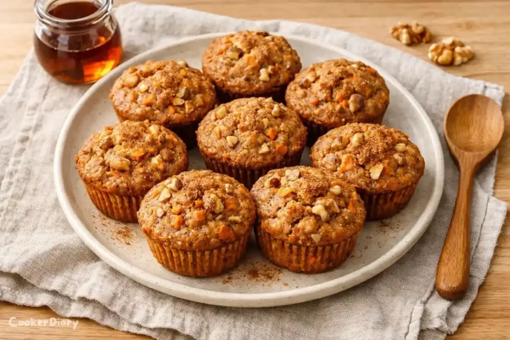 Gluten-free carrot cake muffins fresh from the oven on a neutral kitchen counter