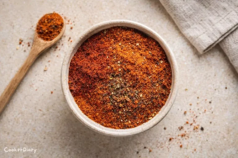 Homemade chicken taco seasoning in a ceramic bowl on a light kitchen counter