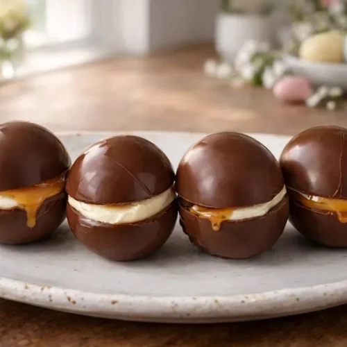 Homemade Chocolate Eggs arranged on plate with glossy finish