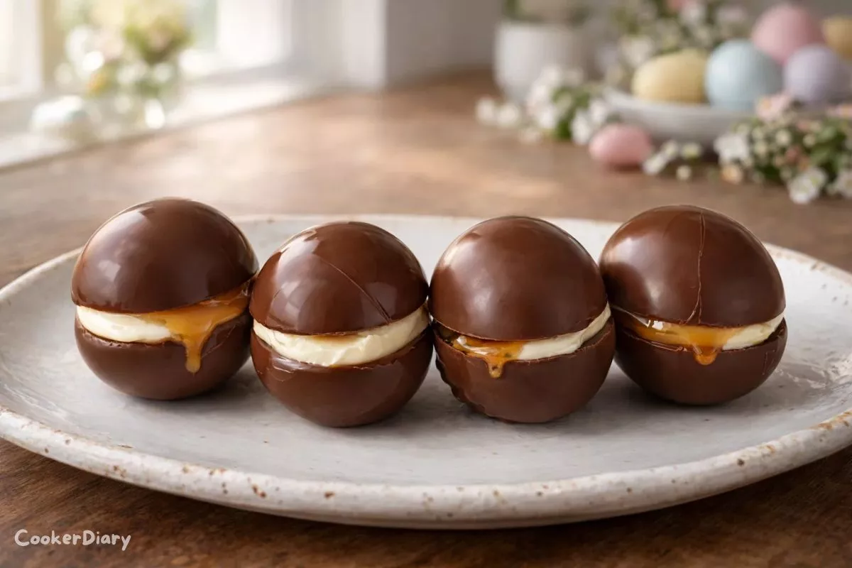 Homemade Chocolate Eggs arranged on plate with glossy finish