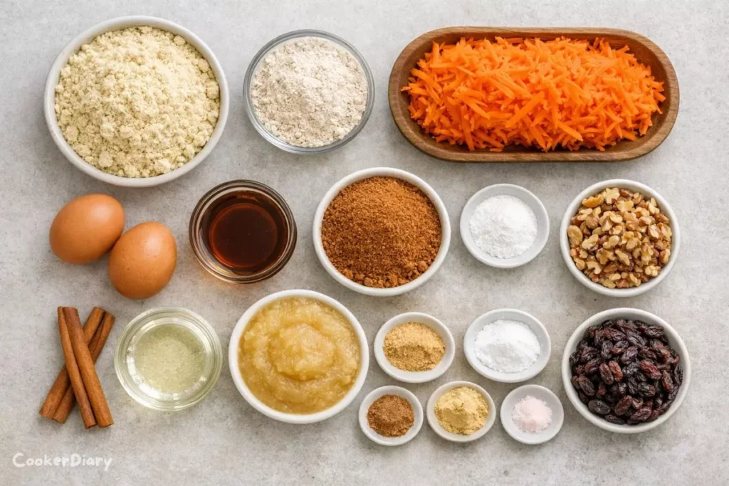 Ingredients for gluten-free carrot cake muffins arranged on a kitchen counter