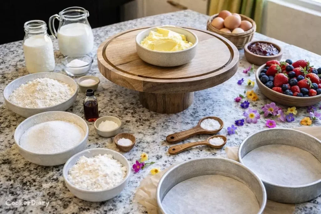 Flat lay of ingredients for rustic wedding cake including flour, butter, eggs, sugar, berries, and edible flowers.