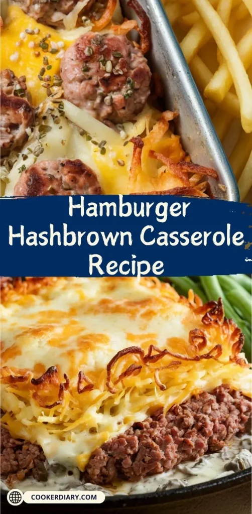 A freshly baked Hamburger Hashbrown Casserole in a baking dish, topped with golden melted cheese and crispy edges, served on a rustic wooden table.
