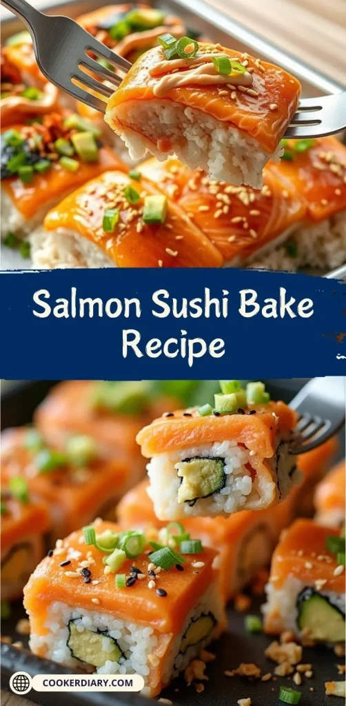 Savory Salmon Sushi Bake casserole with a rich, creamy sauce and crispy top.
