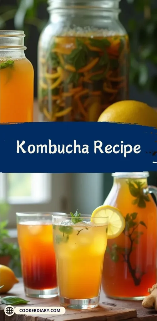A vibrant homemade Kombucha recipe with fresh ingredients like tea leaves, ginger, and lemon, along with a glass of kombucha.