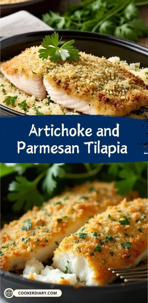 Golden-brown parmesan and herb-crusted tilapia fillet in a black baking dish, garnished with fresh parsley and a fork on the side.