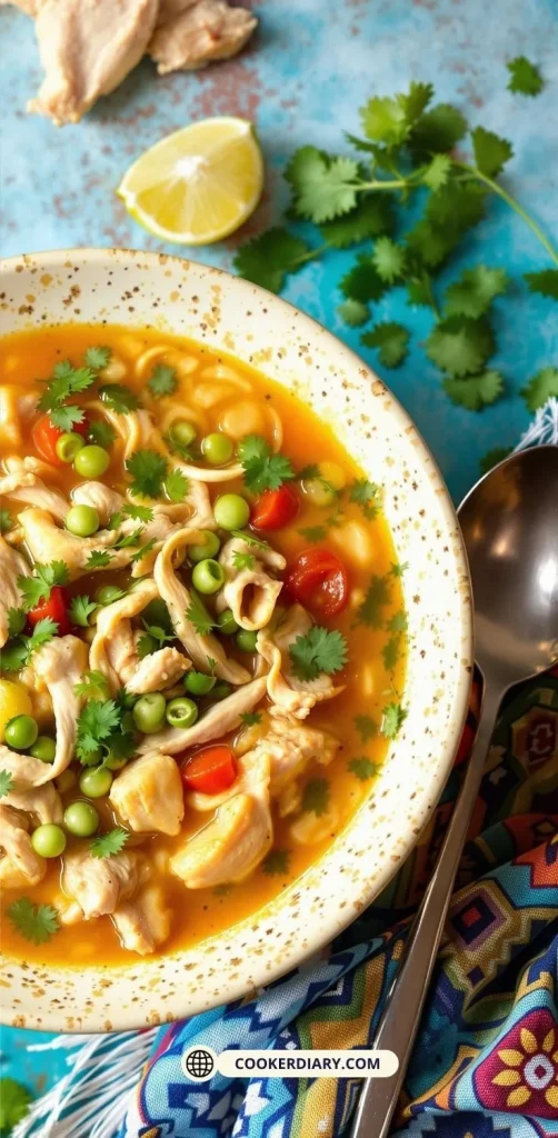 Delicious caldo de pollo with vegetables, chicken, and fresh toppings, accompanied by warm tortillas.