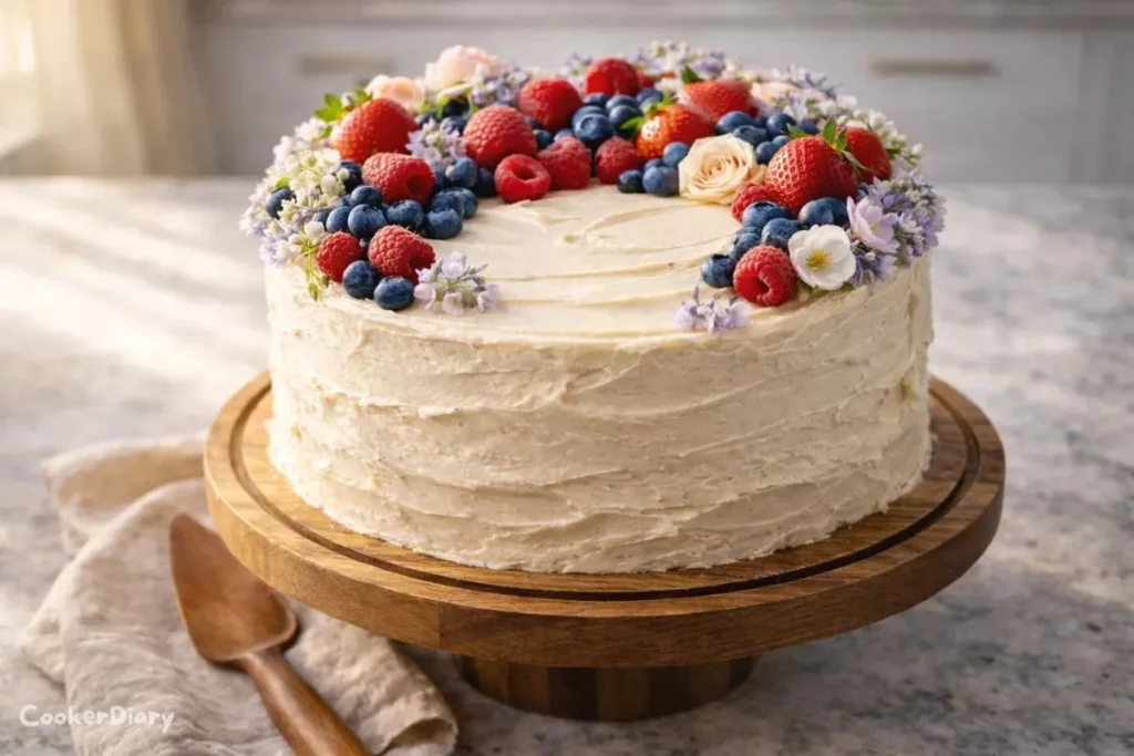 Angled view of rustic wedding cake showing buttercream layers, berries, and edible flowers.