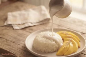 Drizzling coconut sauce over finished coconut sticky rice