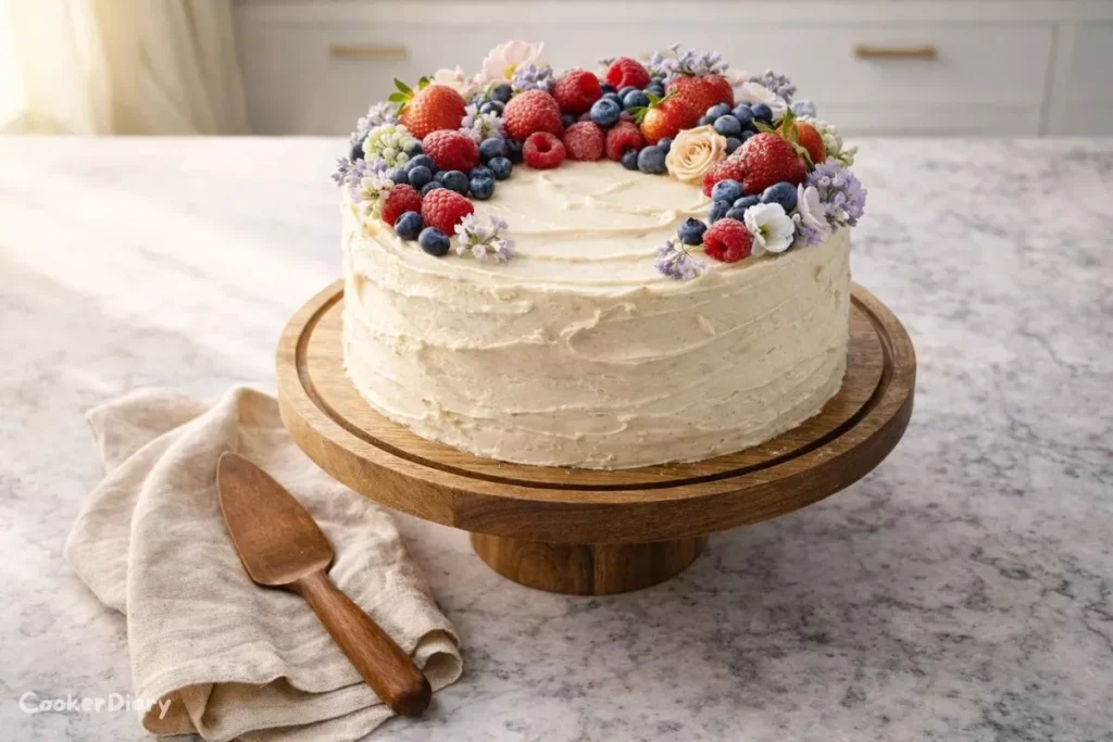 Top-down rustic wedding cake with buttercream frosting, fresh berries, and edible flowers on wooden cake stand.