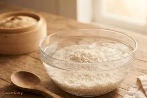 Thai sticky rice soaking in water before steaming