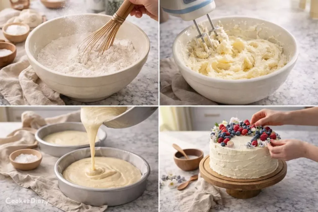 Four-step composite showing mixing ingredients, creaming butter and sugar, pouring batter, and decorating the cake.
