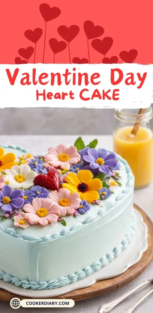 A beautifully decorated heart-shaped cake with pink frosting and delicate edible flowers, perfect for Valentine’s Day.