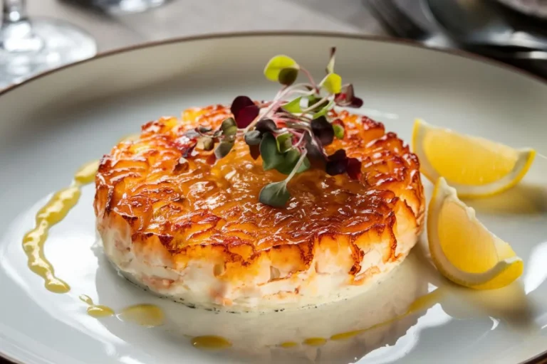 A gourmet dish with a caramelized brûlée crust, drizzled with citrus-infused sauce and garnished with microgreens and lemon wedges.