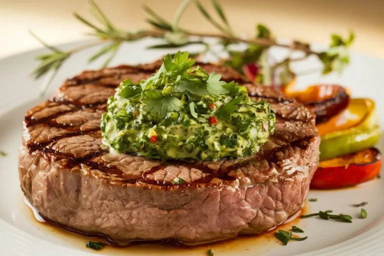 etite filet steak topped with fresh chimichurri sauce, garnished with herbs and roasted vegetables
