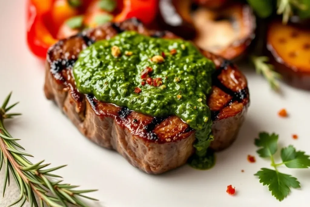 Grilled steak with chimichurri sauce and a side of roasted vegetables.