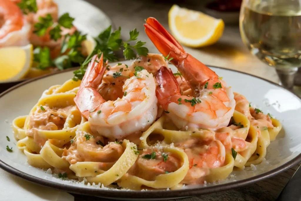 Plate of Bistro Shrimp Pasta with creamy garlic sauce, shrimp, fresh parsley, and Parmesan cheese, served with lemon wedges and white wine.