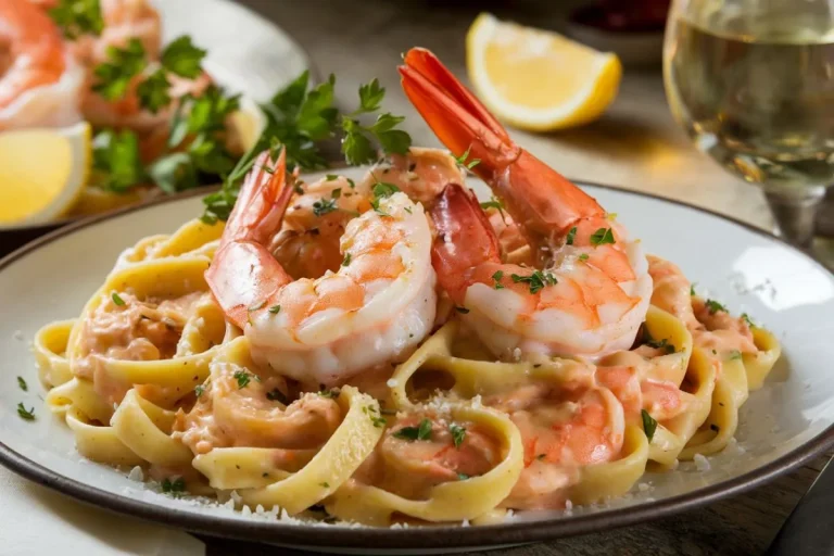Plate of Bistro Shrimp Pasta with creamy garlic sauce, shrimp, fresh parsley, and Parmesan cheese, served with lemon wedges and white wine.
