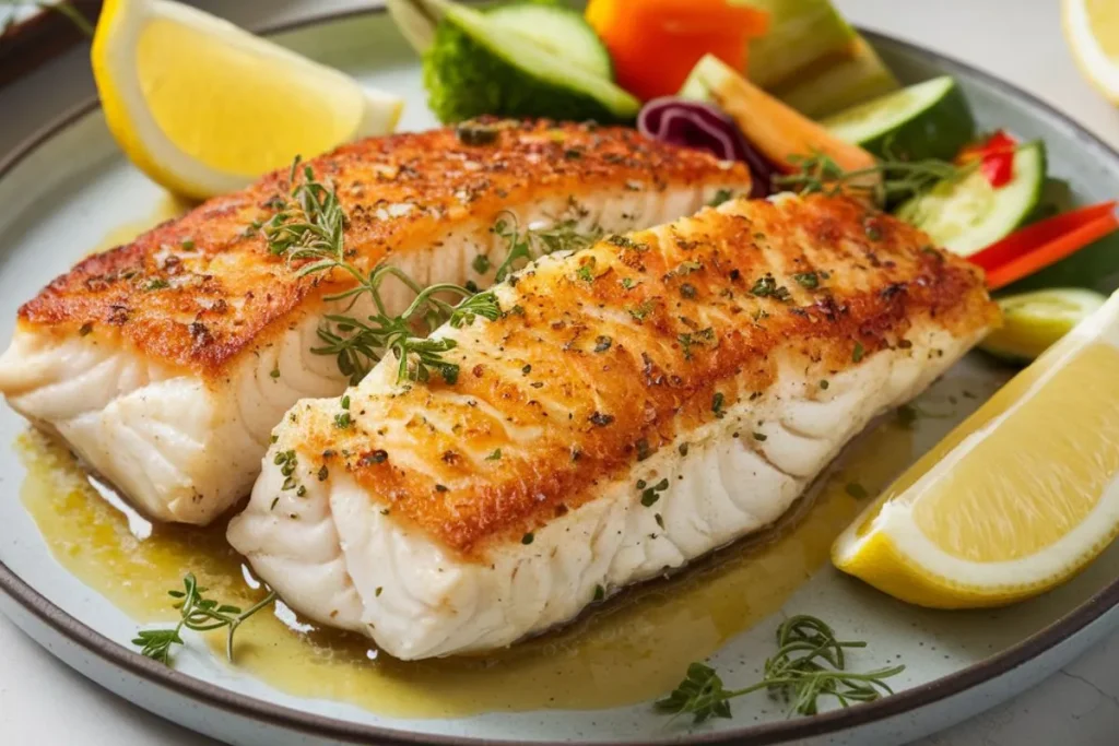 Crispy air fryer tilapia fillet served with lemon wedges and fresh vegetables on a plate.