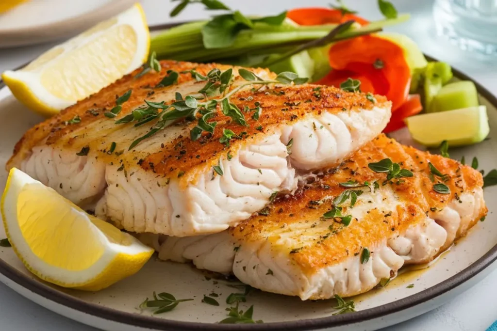 Golden brown air fryer tilapia fillet with vegetables and lemon slices on a plate.