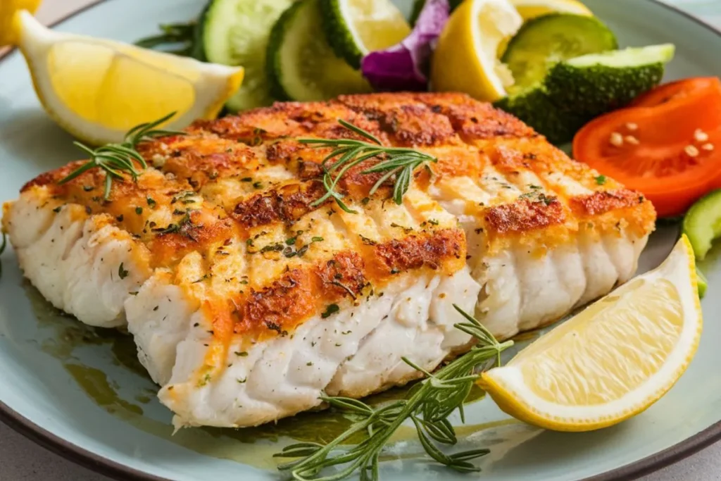 Air fryer tilapia fillet with a crispy texture served with vegetables and lemon wedges.