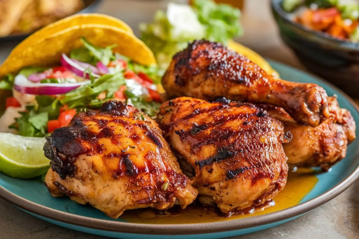 Grilled homemade chipotle honey chicken served with tacos, rice, and fresh salad.