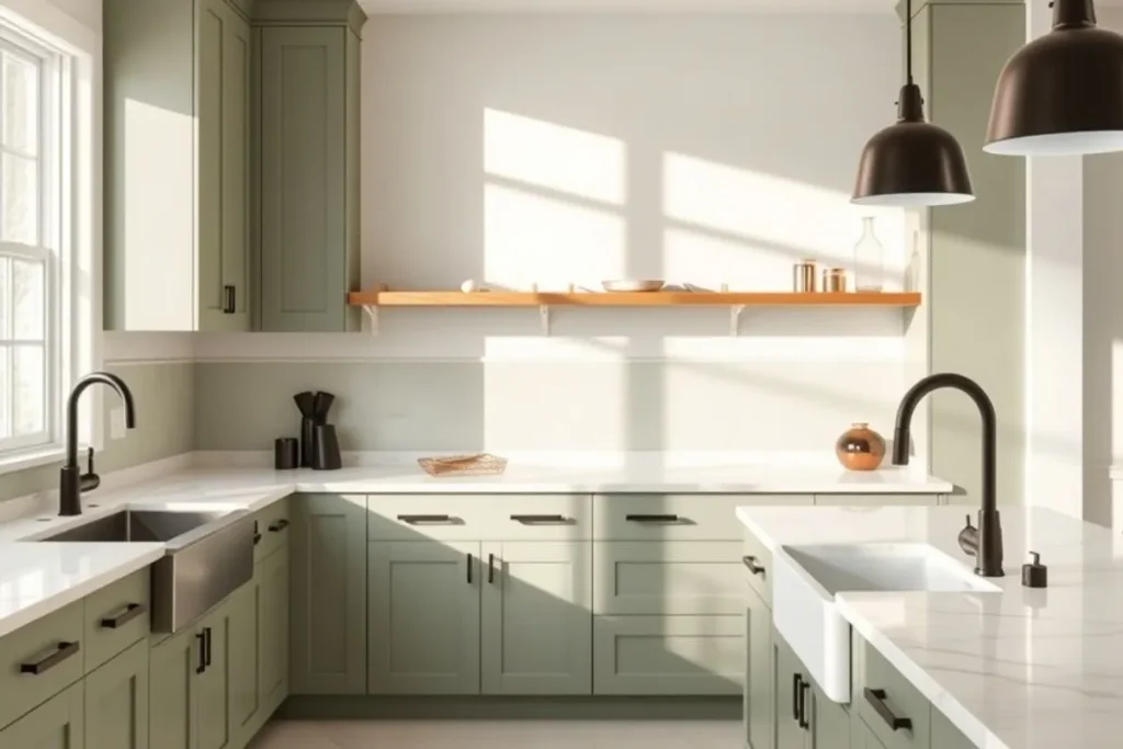 Modern sage green kitchen cabinets, white marble countertops, and natural wood accents for a tranquil and elegant atmosphere.