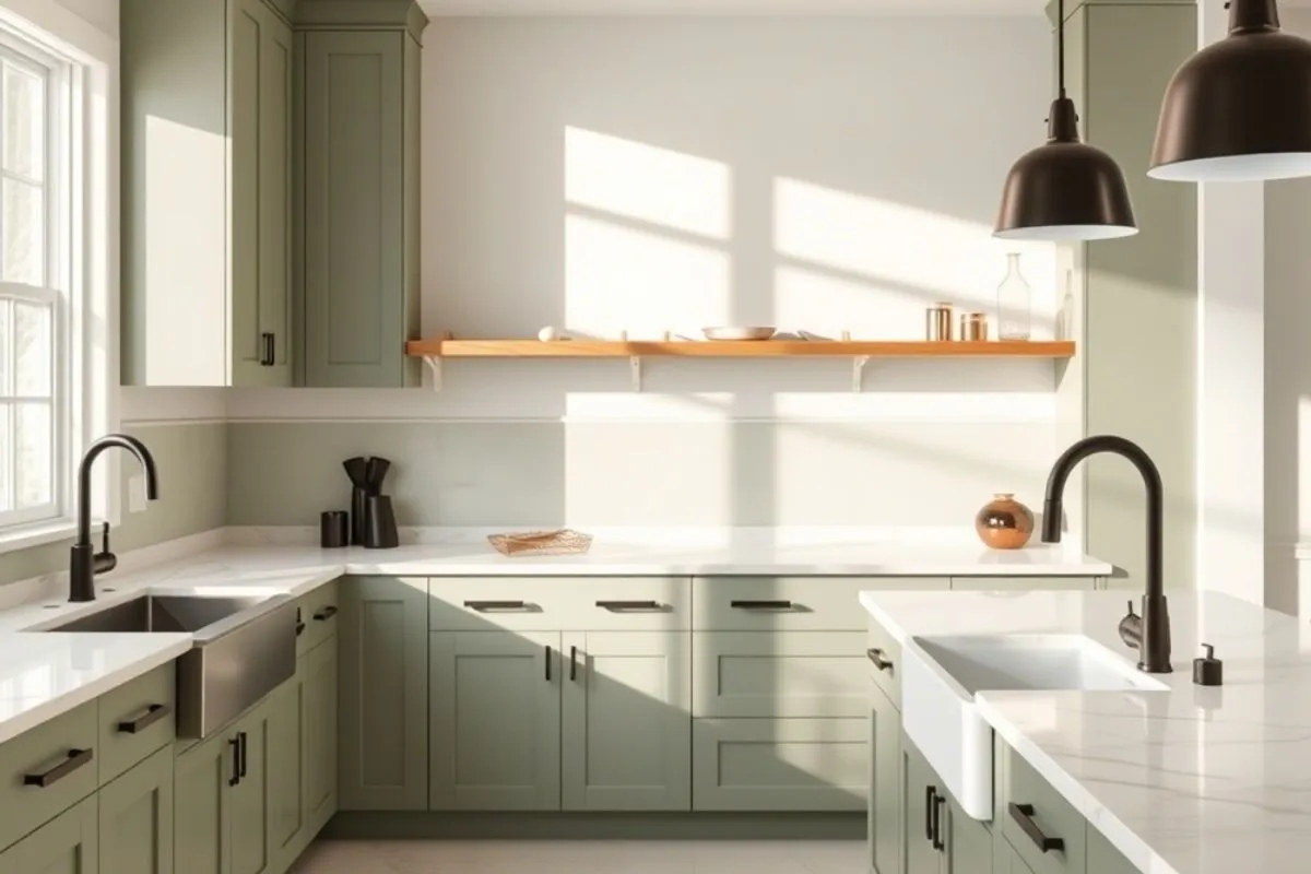Modern sage green kitchen cabinets, white marble countertops, and natural wood accents for a tranquil and elegant atmosphere.