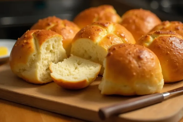 reshly baked brioche dinner rolls with a golden-brown crust, arranged on a wooden board with a dish of butter on the side.