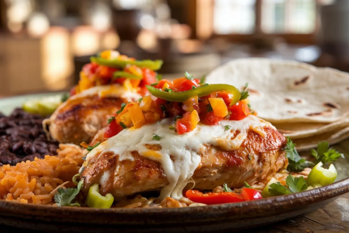 Juicy Acapulco Chicken topped with melted cheese, salsa, and bell peppers, served with rice and black beans.
