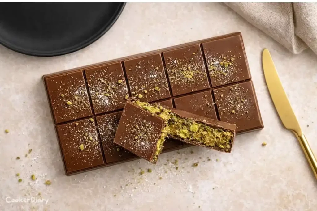 Top-down view of Dubai chocolate bar with pistachio kataifi filling broken open.