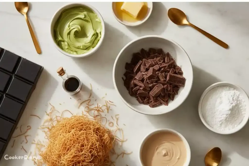 Flat-lay of Dubai chocolate bar ingredients with pistachio cream and kataifi.