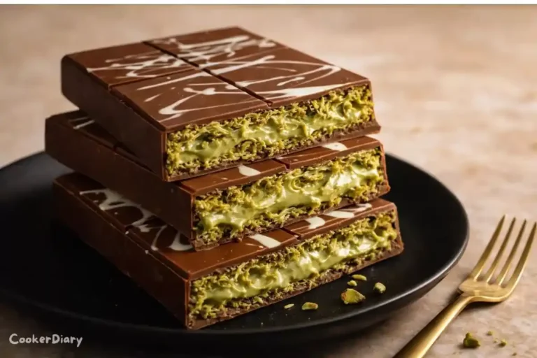 Side-angle close-up of Dubai chocolate bar showing pistachio kataifi filling.
