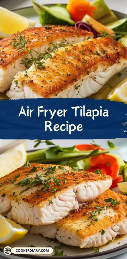 Tilapia fillet with a crispy texture served with vegetables and lemon wedges.