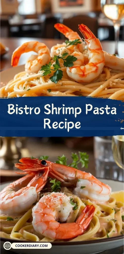 Delicious Bistro Shrimp Pasta with shrimp, creamy garlic sauce, parsley, and Parmesan, paired with lemon wedges and white wine.
