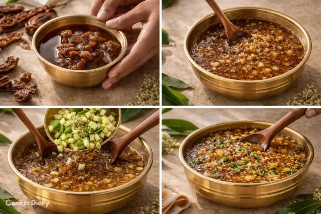 Four-step recipe preparation process in composite cooking layout