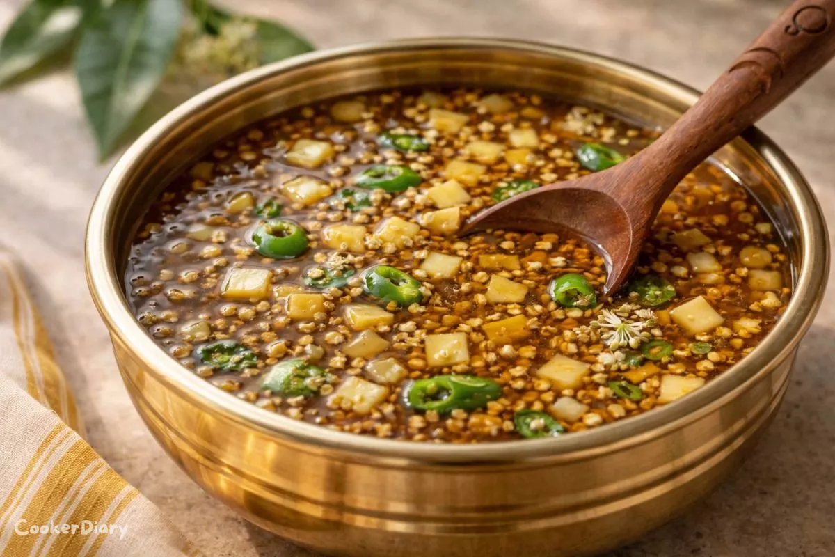 Angled close-up view of Ugadi Pachadi showing texture and ingredients