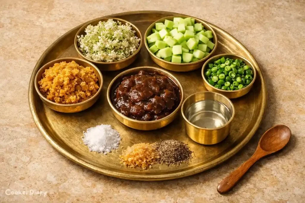 Raw ingredients for Ugadi Pachadi arranged in brass plate flat lay