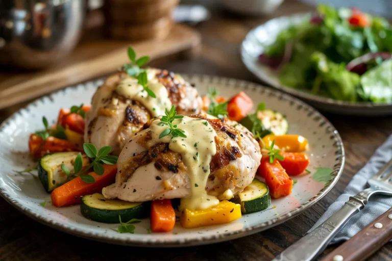 Delicious aioli chicken served with roasted vegetables and a fresh side salad.