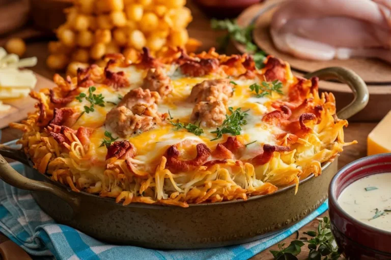 One-Pan Chicken Hashbrown Casserole, baked with chicken, hashbrowns, cheese, and a creamy sauce.