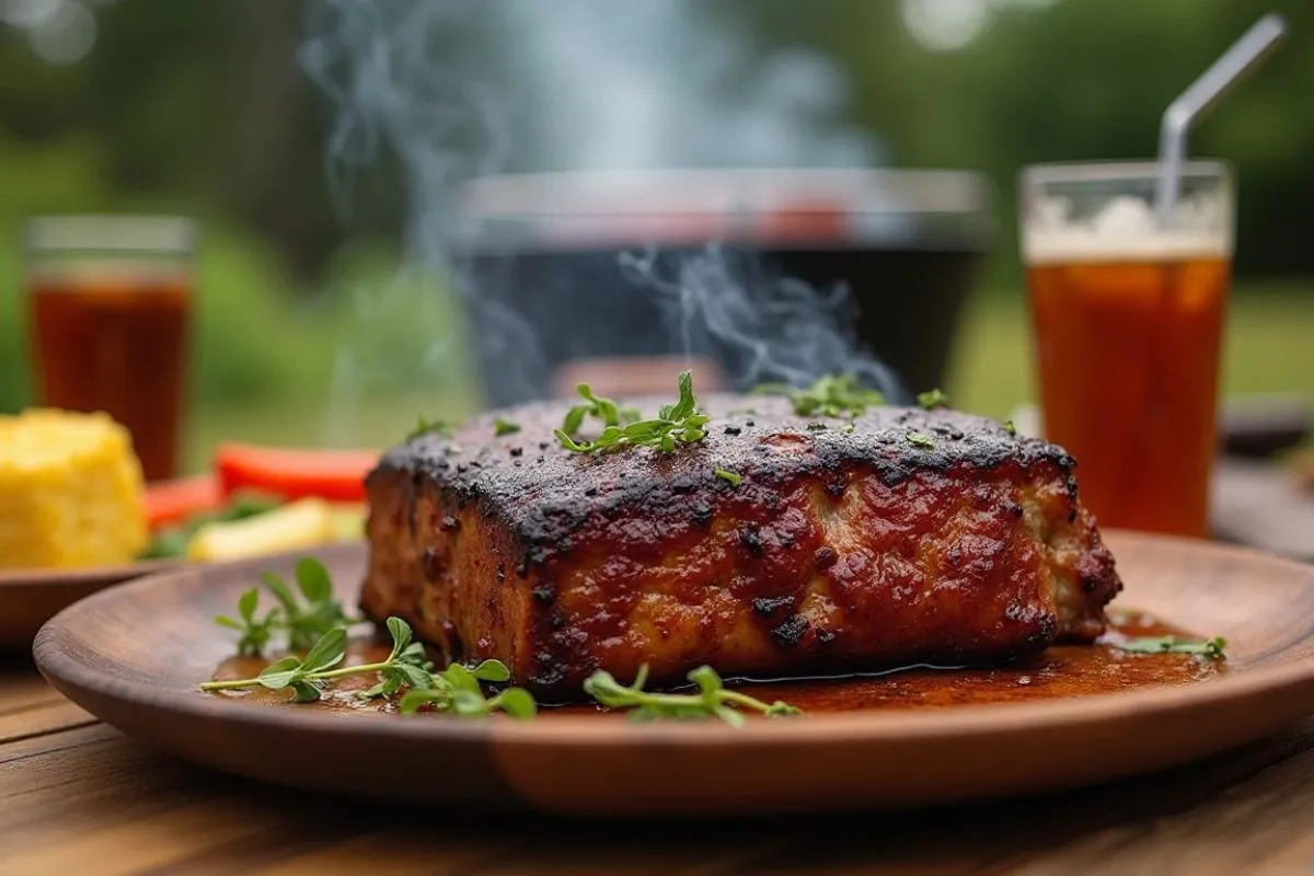 Smoked oxtail on a wooden platter surrounded by grilled vegetables and rustic sides, with smoke rising from the meat.