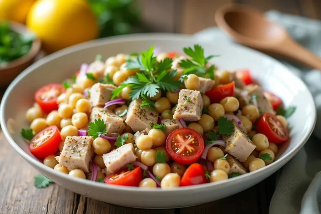 A fresh bowl of tuna and chickpea salad with cherry tomatoes, red onions, and parsley, drizzled with olive oil and lemon juice, served on a rustic wooden table.