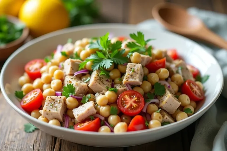 A fresh bowl of tuna and chickpea salad with cherry tomatoes, red onions, and parsley, drizzled with olive oil and lemon juice, served on a rustic wooden table.