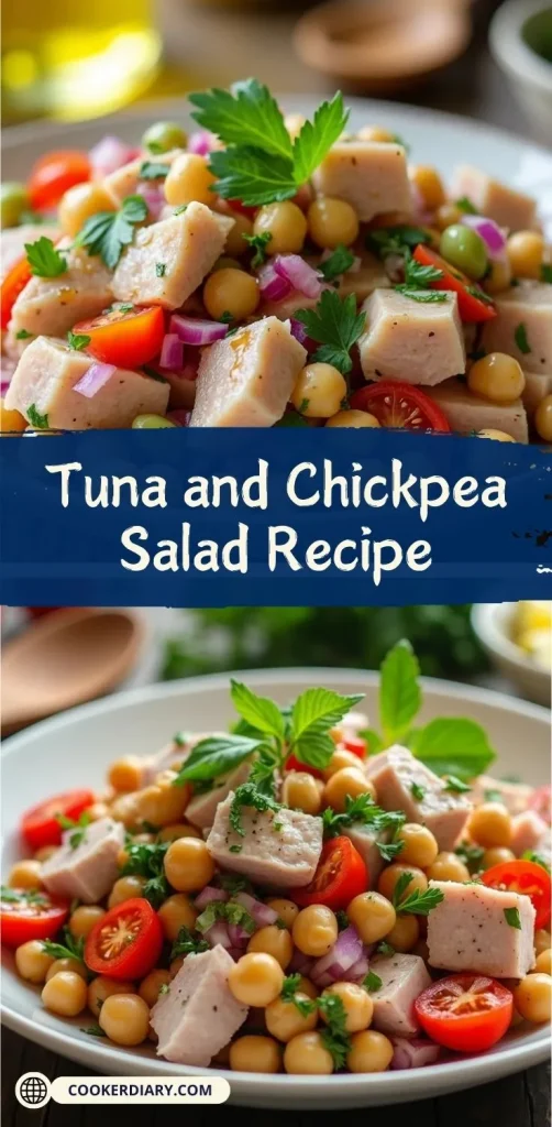 A fresh and colorful tuna and chickpea salad in a white bowl, garnished with cherry tomatoes, red onions, parsley, and drizzled with olive oil and lemon juice.