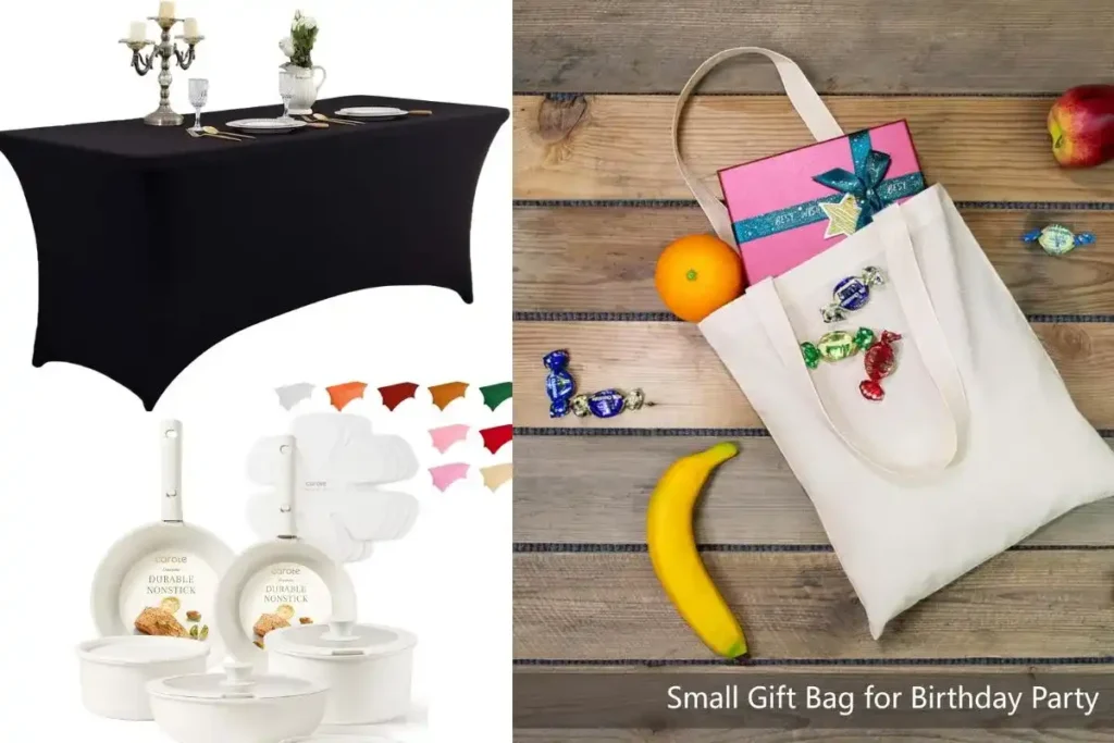 CAROTE nonstick frying pans, black spandex tablecloth, and a 10-pack of reusable cotton tote bags