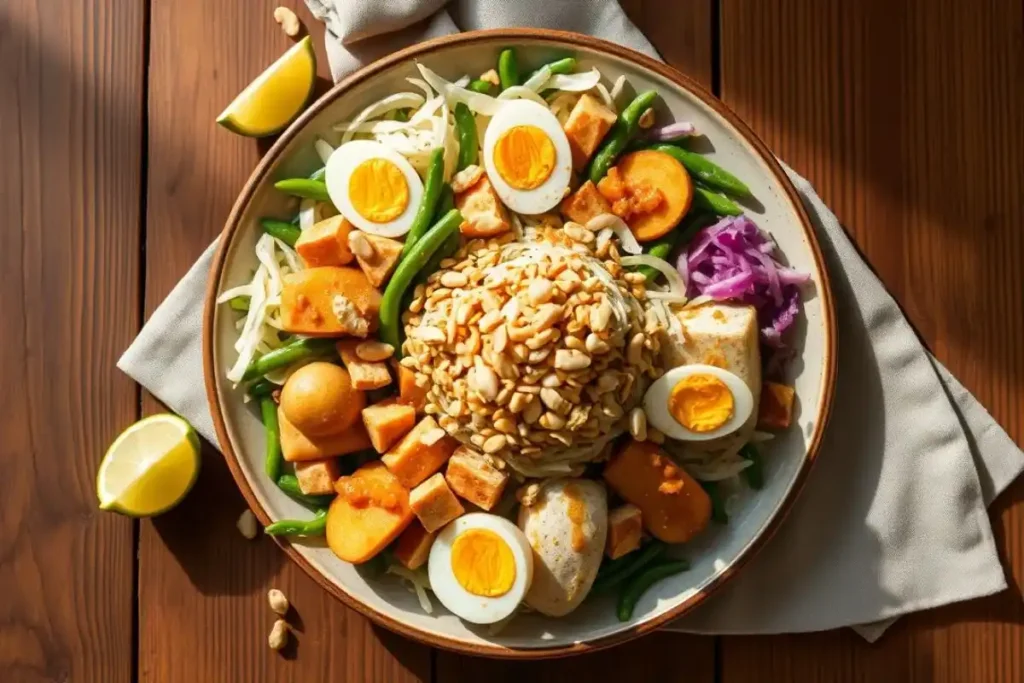 Top-down view of Indonesian Gado-Gado with vegetables, tofu, egg, and peanut sauce on a ceramic plate.
